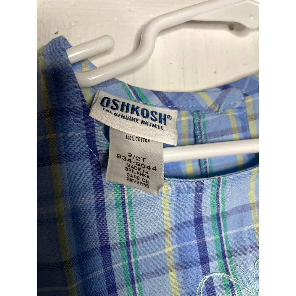 NEW Vintage Osh Kosh Girls Blue Plaid Dress Cotton 2T Sleeveless